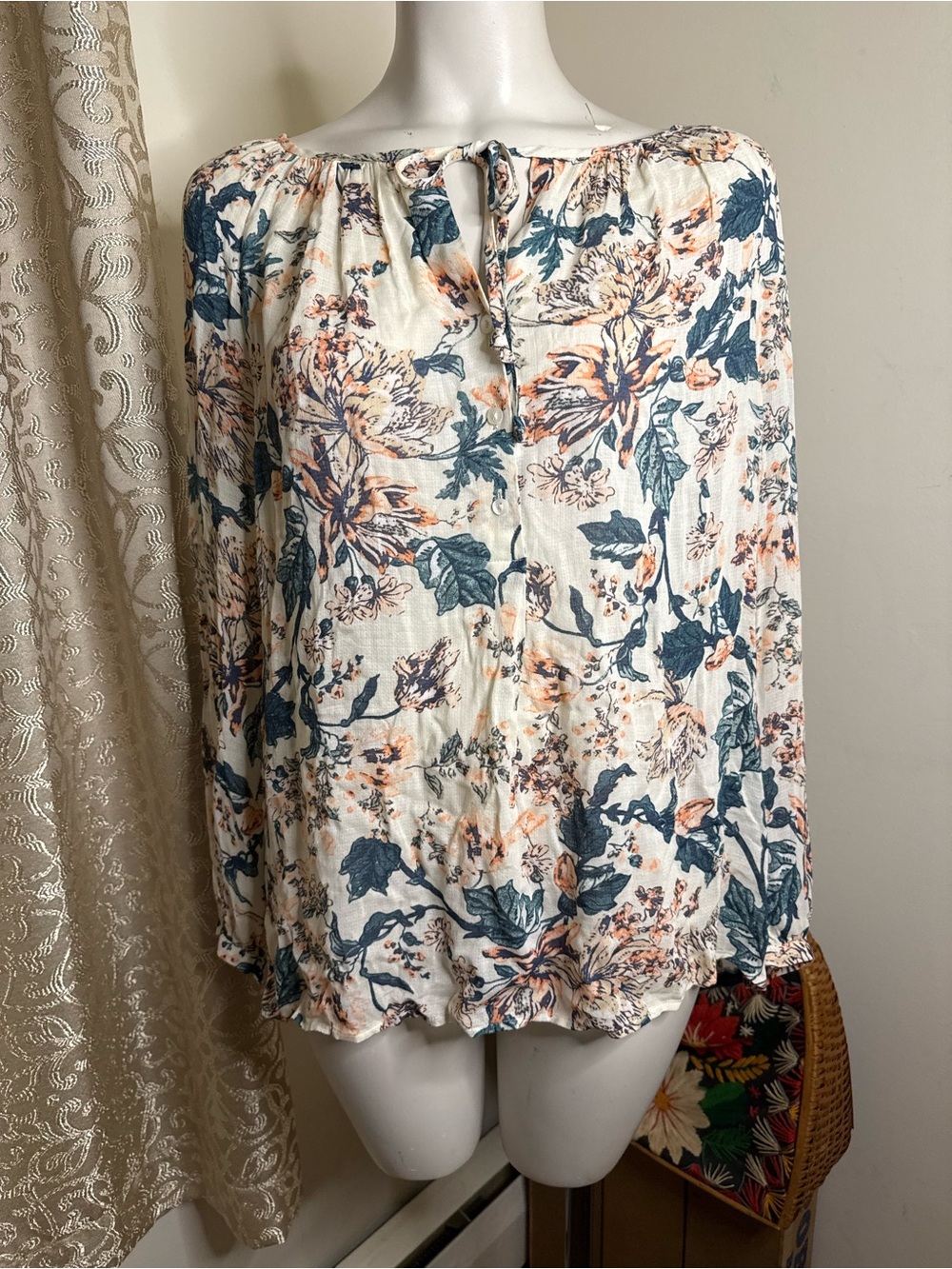 Lucky Brand Ivory Blouse with Blue & Peach Floral Print